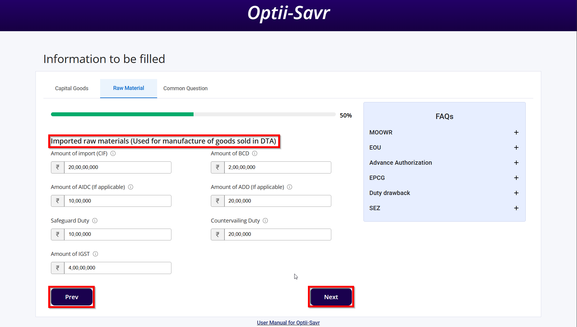 Imported Raw Materials for DTA Section